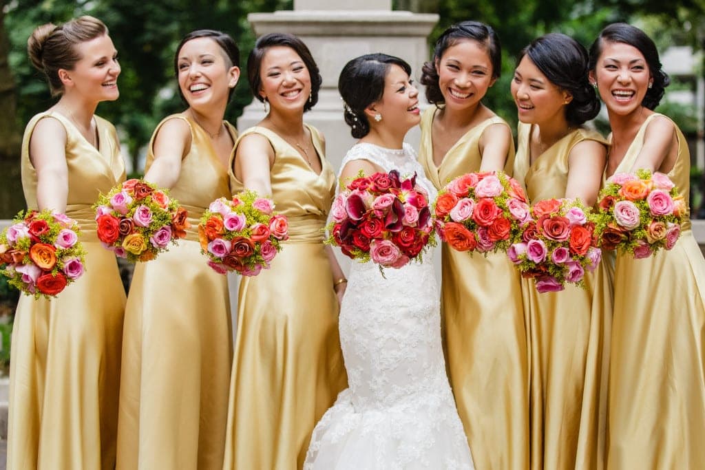Lovely red and gold Bridal party portraits in Rittenhouse Square.