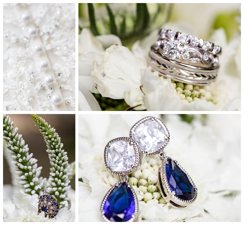 Some of the stunning details from Hannah and Dustin's wedding included a sapphire ring that was a family heirloom, sapphire teardrop earrings and gorgeous beading and buttons on her dress.