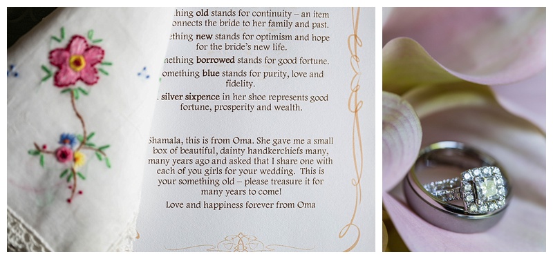 An extremely meaningful "something old" from Shamala's Oma, a dainty handkerchief with beautiful embroidery and the gorgeous wedding rings that she and Dan would exchange later that day.
