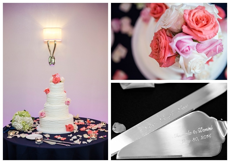 Shamala and Dan's beautiful, rose-topped wedding cake and personalized serving set.