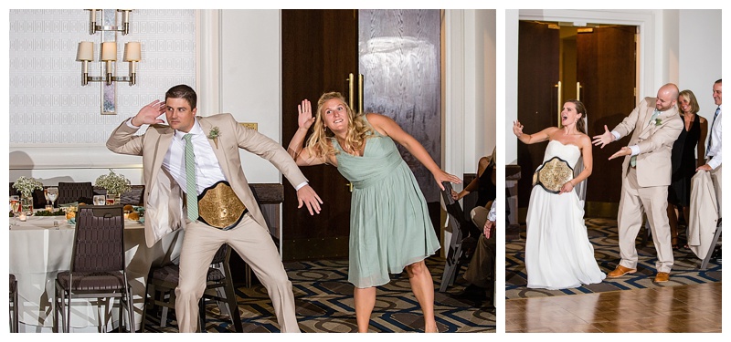 The wrestling belts saw a lot of use during introductions - including the new Mr and Mrs.