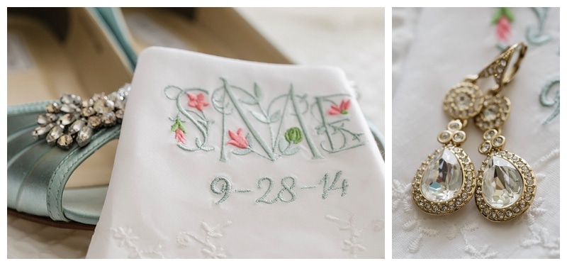 Sparkles and sentiment. Sabrina's teardrop earrings were the perfect accompaniment to her soft curly hair and the special embroidered handkerchief was at the ready to absorb any happy tears