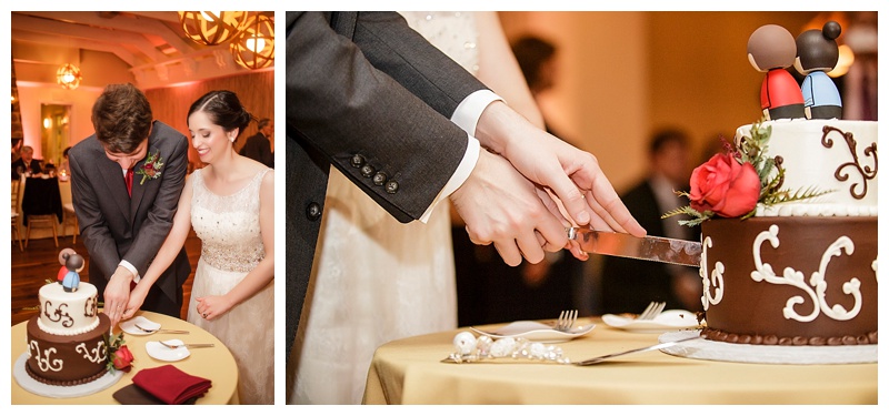 Cutting their cake, hand in hand. 