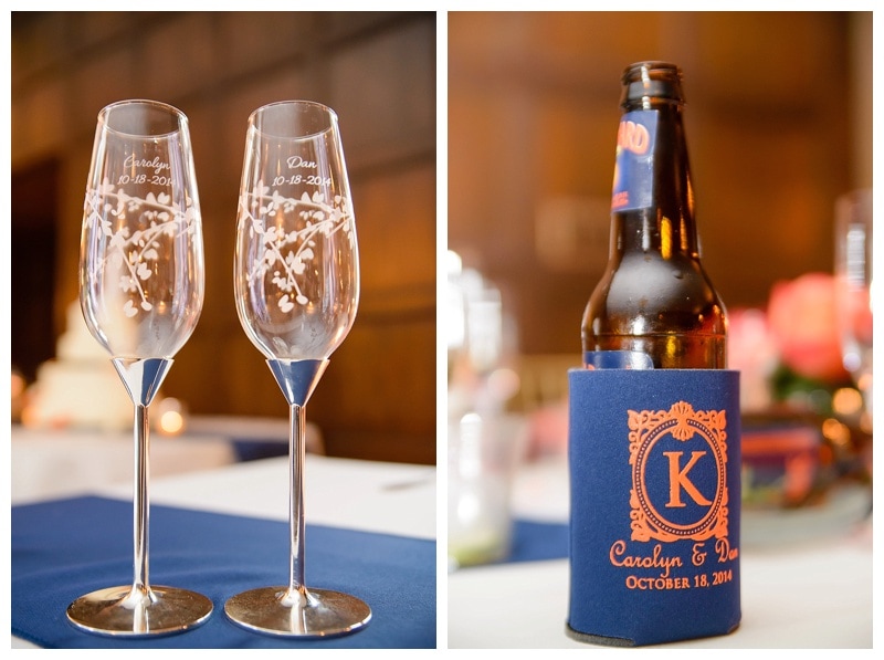 Beautifully detailed champagne flutes for the bride and groom and custom beer coozies for all the guests. 