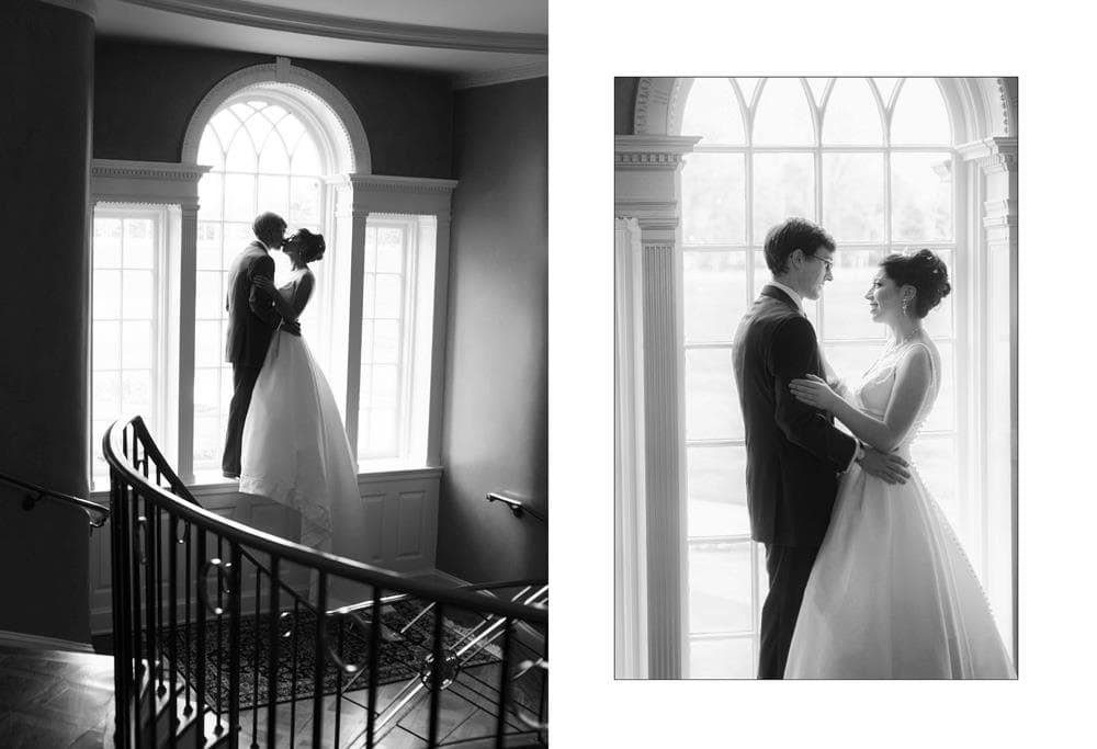 The architecture of the grand staircase at Brantwyn Estate made a lovely backdrop for our first look portraits before our ceremony.