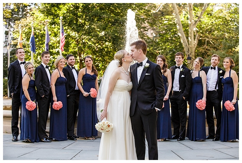 The fountain in Washington Square is a beautiful place for a full bridal party photograph.