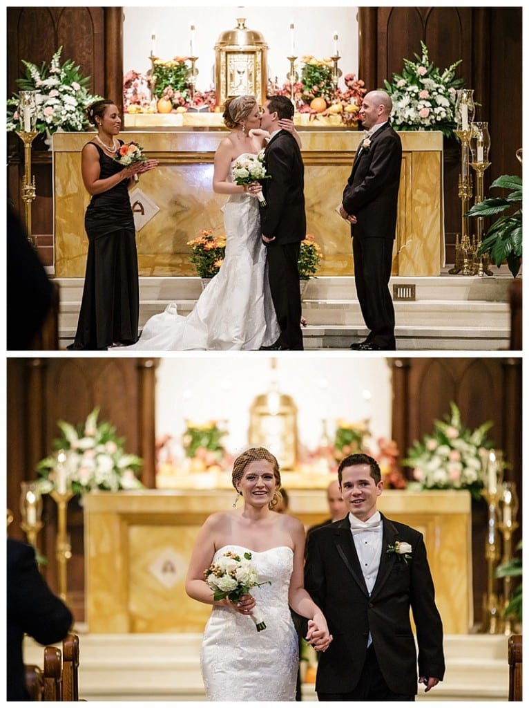 After sharing their first kiss as husband and wife, the newlyweds pranced out of the church joyfully.