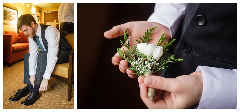 Scott putting his shoes on and showcasing his great winter themed boutonniere. 