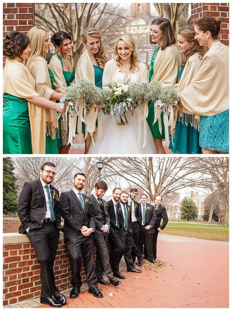 These shawls kept the bridesmaids cozy on the outside even though their hearts were already warm with the shared love they had for Charmaine. Meanwhile, the men played it cool near this brick wall. 