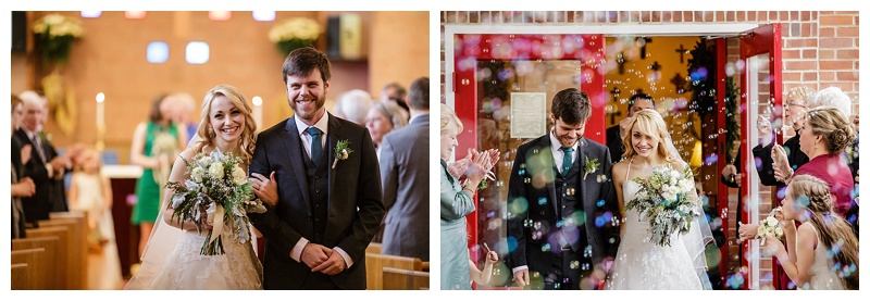 A joyful recessional and bubble exit from the church after their wedding. 