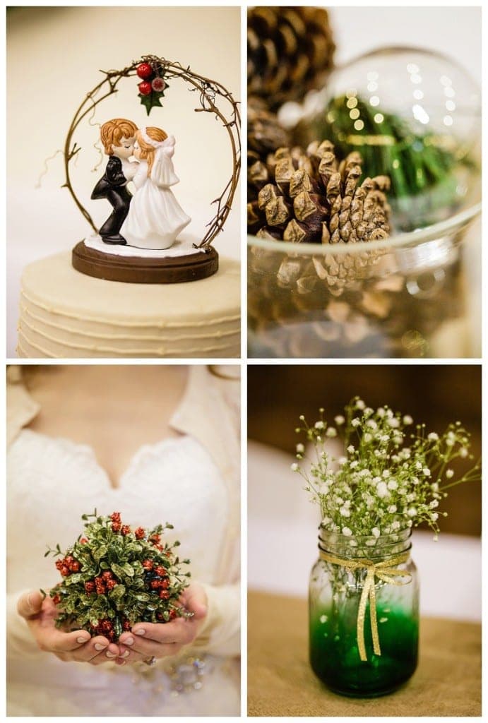 The reception details were just darling - baby's breath, mistletoe, pinecones and the sweetest little cake topper ever! Textural paradise. 