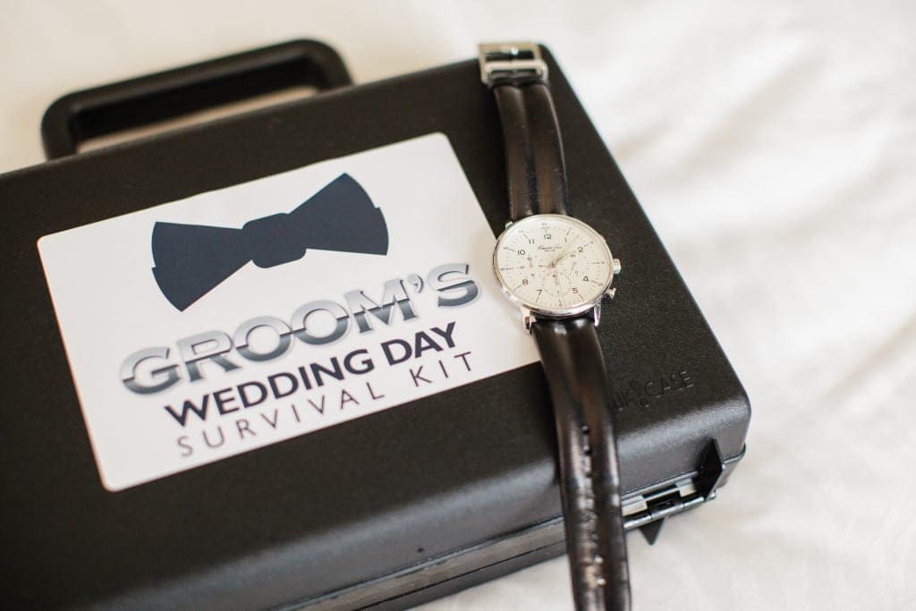 A survival kit and the groom's faithful watch to help him navigate his wedding day. 