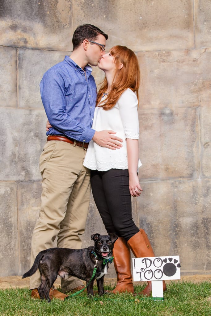 Philadelphia Art Museum Engagement photographer and cute sign for dog during engagement pictures 