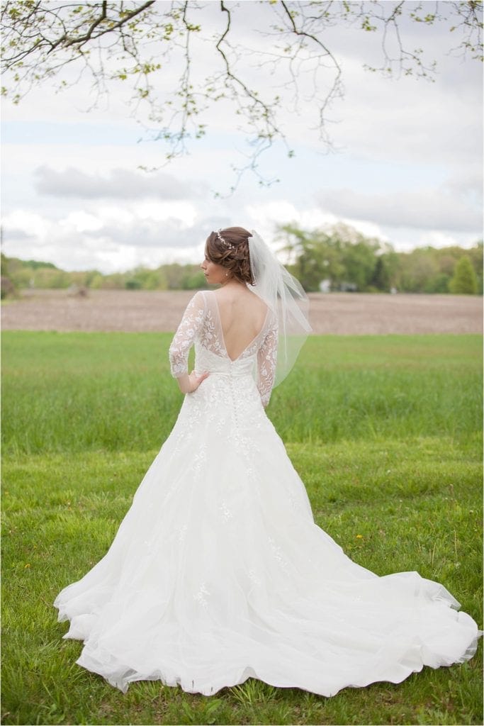 Classic Spring Mill Manor Wedding picture of bride, gorgeous back of wedding dress detail and veil 