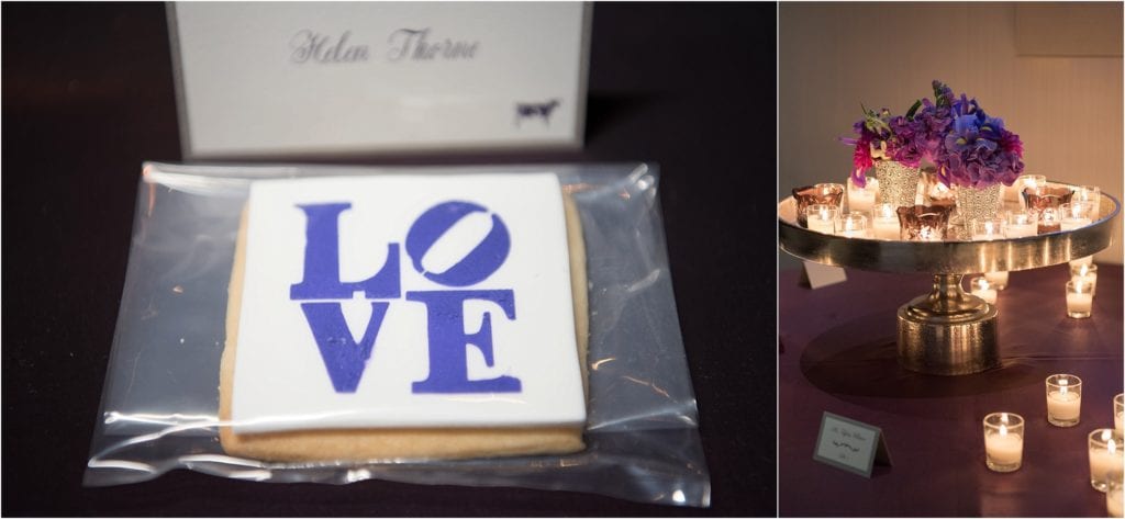Unique purple and white wedding favors and decor for this chic philly wedding at Le Meridien