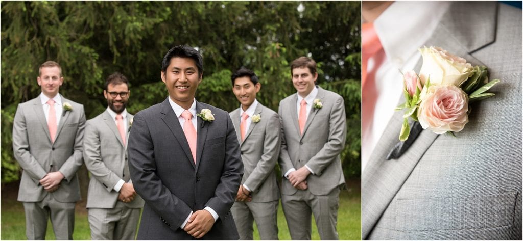 grey groomsmen photos with peach ties 