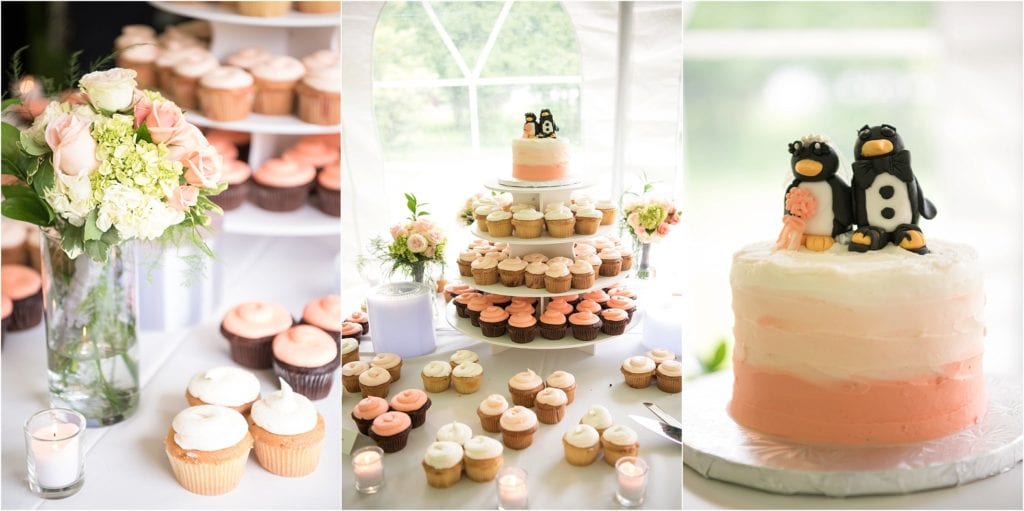 unique cake topper penguin, peach and white cups cakes and flowers