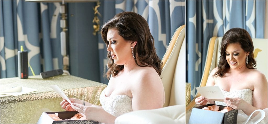 bride reading grooms letter on wedding day, hotel Monaco 