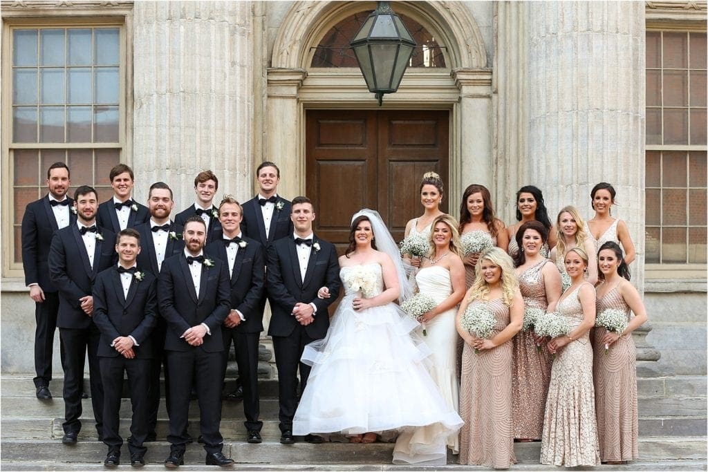 large bridal party photo idea at Old St. Joseph's is the church