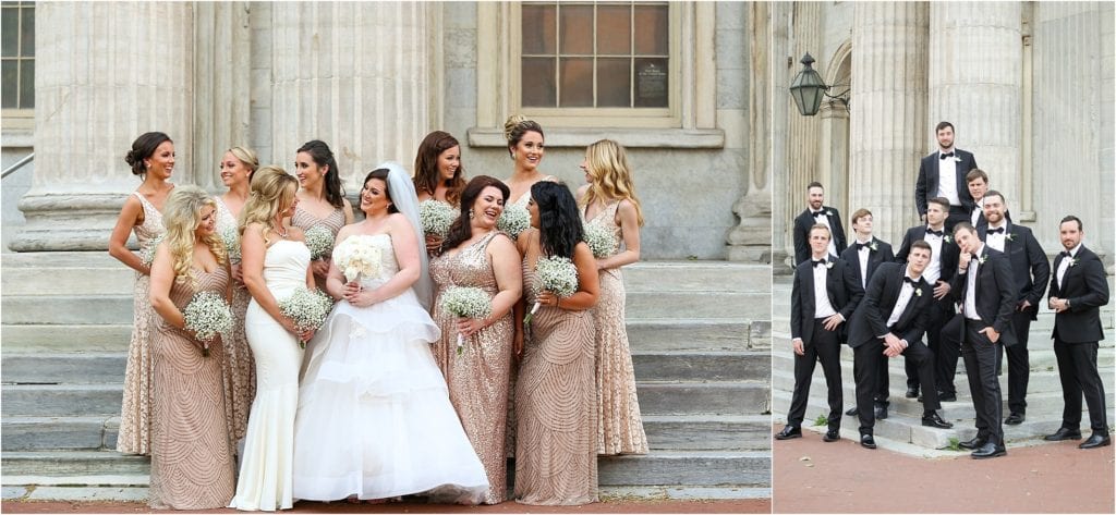 Cescaphe Downtown Club Wedding photos of large bridal party, wearing vintage theme outfits