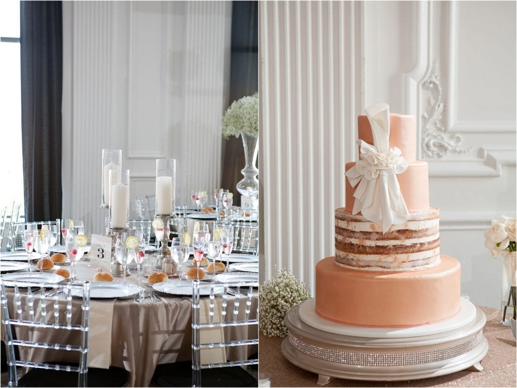 Elegant Cescaphe Downtown Club Wedding pictures of reception room and naked cake