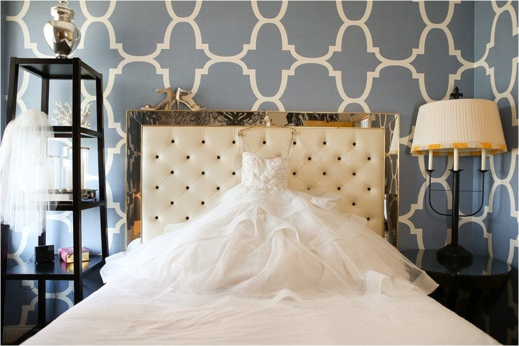 Hotel Monaco is a great hotel for getting ready wedding photos - how cool is this wedding dress set up with veil 