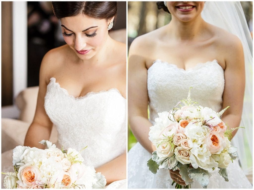 unique lace wedding dress with ve neck, so original, photo of bride holding a rustic wedding bouquet 