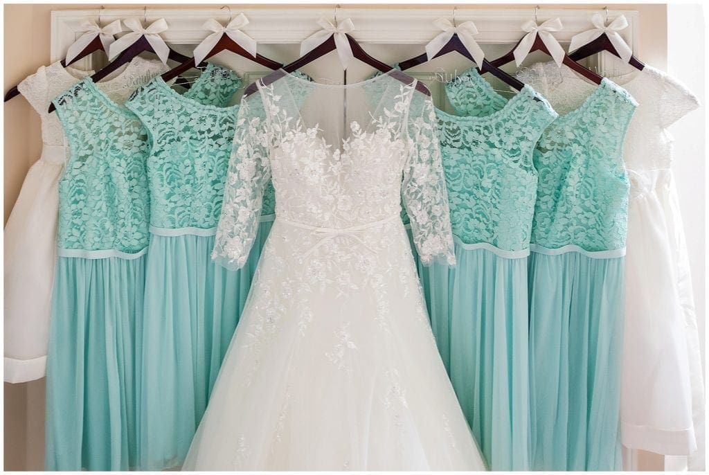 unique three quarter sleeve wedding dress and mint bridesmaid dresses