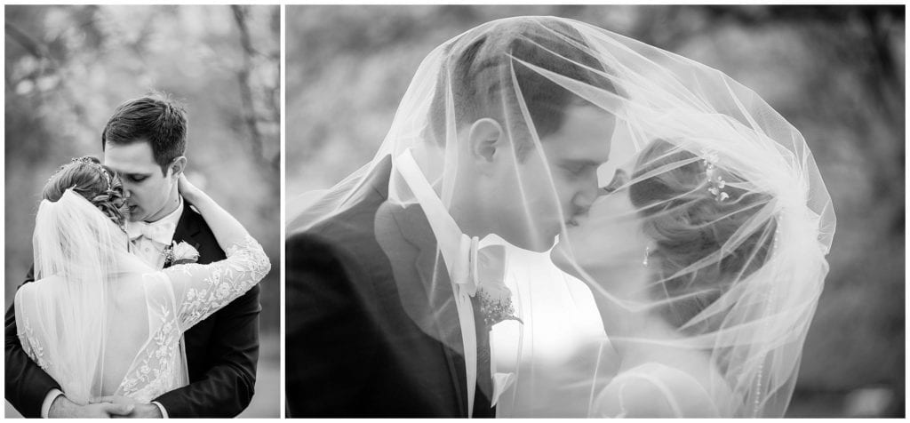 romantic black and white portraits of bride and groom at Spring Mill Manor 