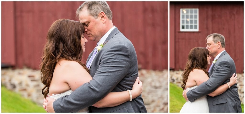 bridal photos in front of red barn