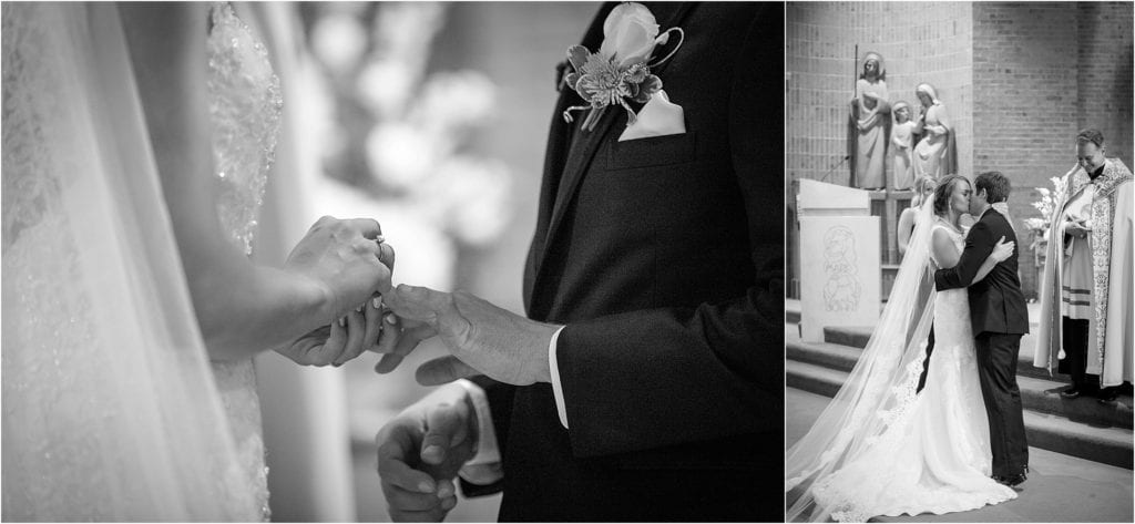 Wedding ceremony photos of ring exchange and first kiss