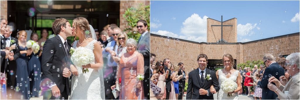 wedding ceremony photos of bride and groom exit at St. Ambrose Church