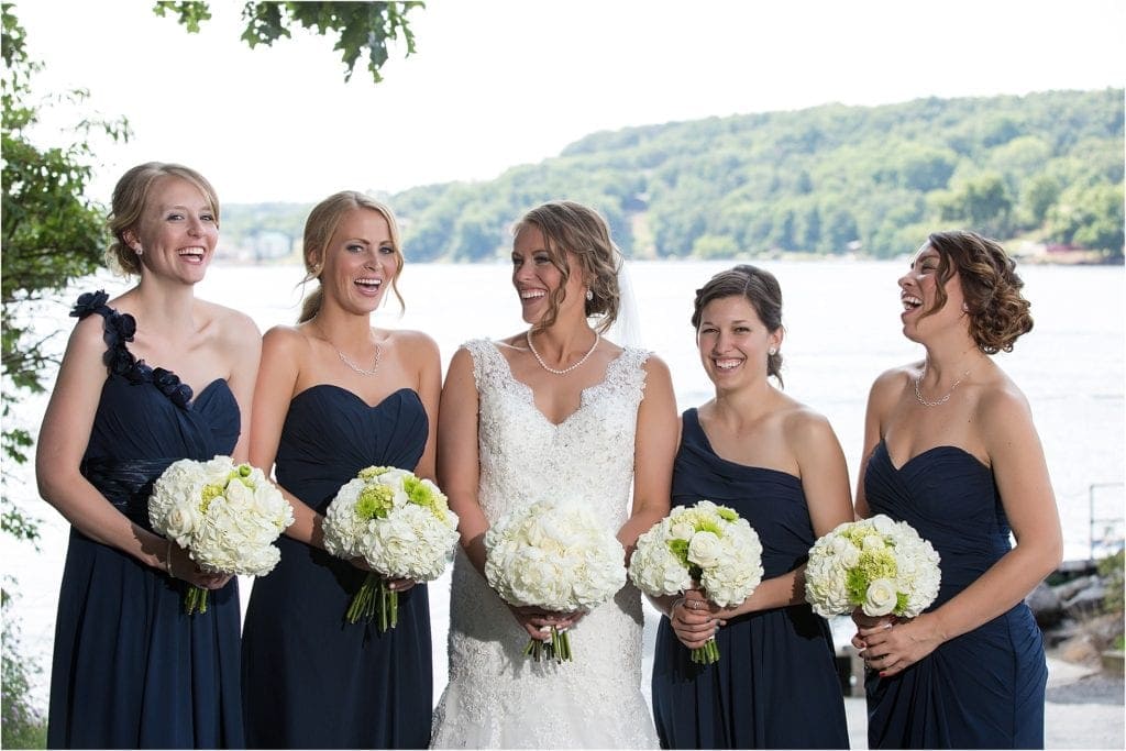 Summertime Wedding in Reading Pennsylvania - Bride with her bridesmaids, white and green wedding bouquets