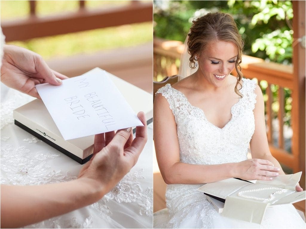 unique groom gift to bride on wedding day, card and pearls