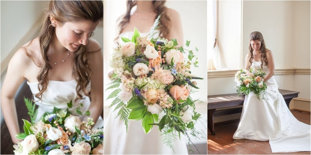 gorgeous piece of art of a wedding bouquet full of peach, lavender and green florals 