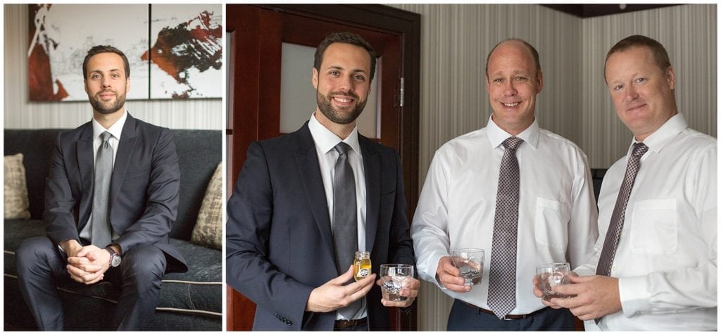 Groom drinking shots in getting ready hotel in Philly.