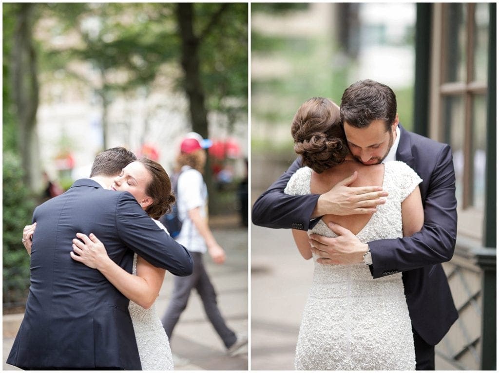 sweet bride and groom moment in streets of Philadelphia for their first look on wedding day.