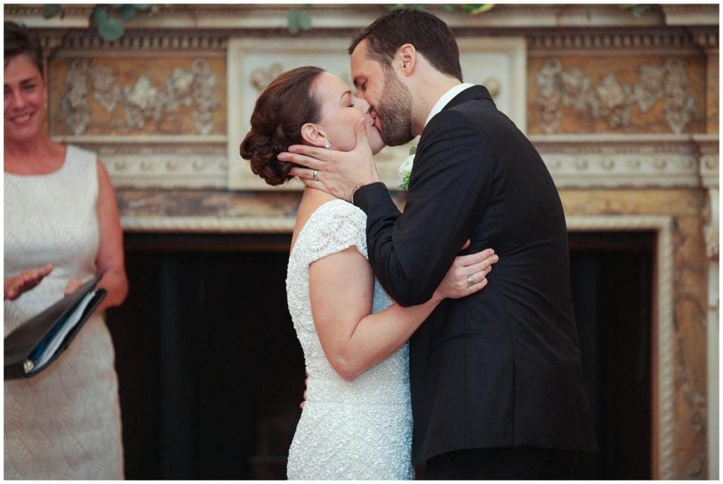 First kiss photo wedding ceremony Stotesbury Mansion Philadelphia Wedding