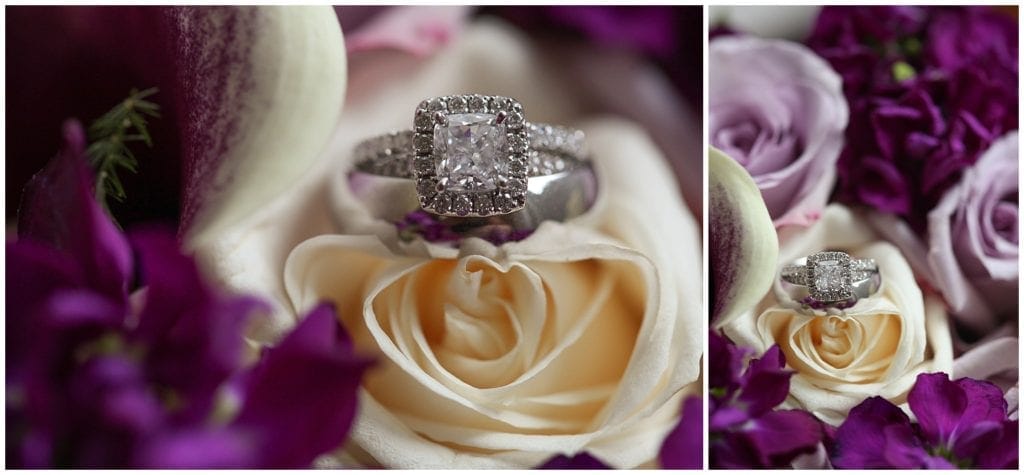 purple and white wedding details and gorgeous ring shot