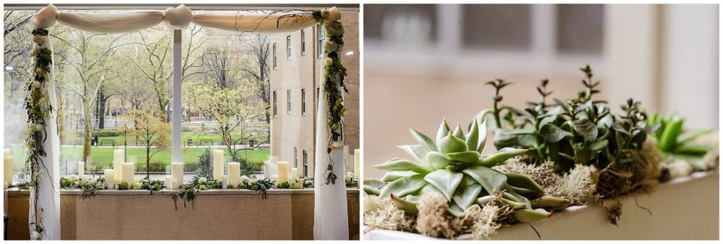 indoor ceremony florals white and succulents 