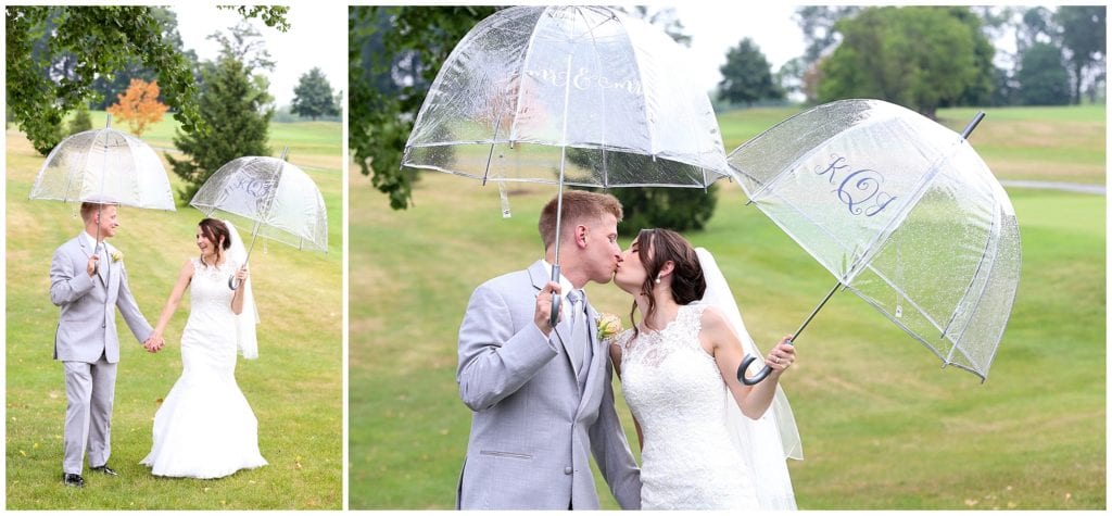 how cute are these Custom umbrellas of rainy wedding day pictures 