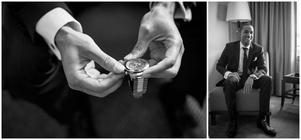 Black and white photos of groom getting ready