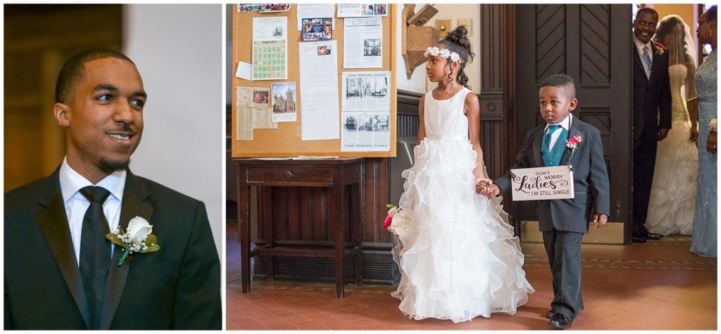 Cute flower girl and ring bearer walking in ceremony