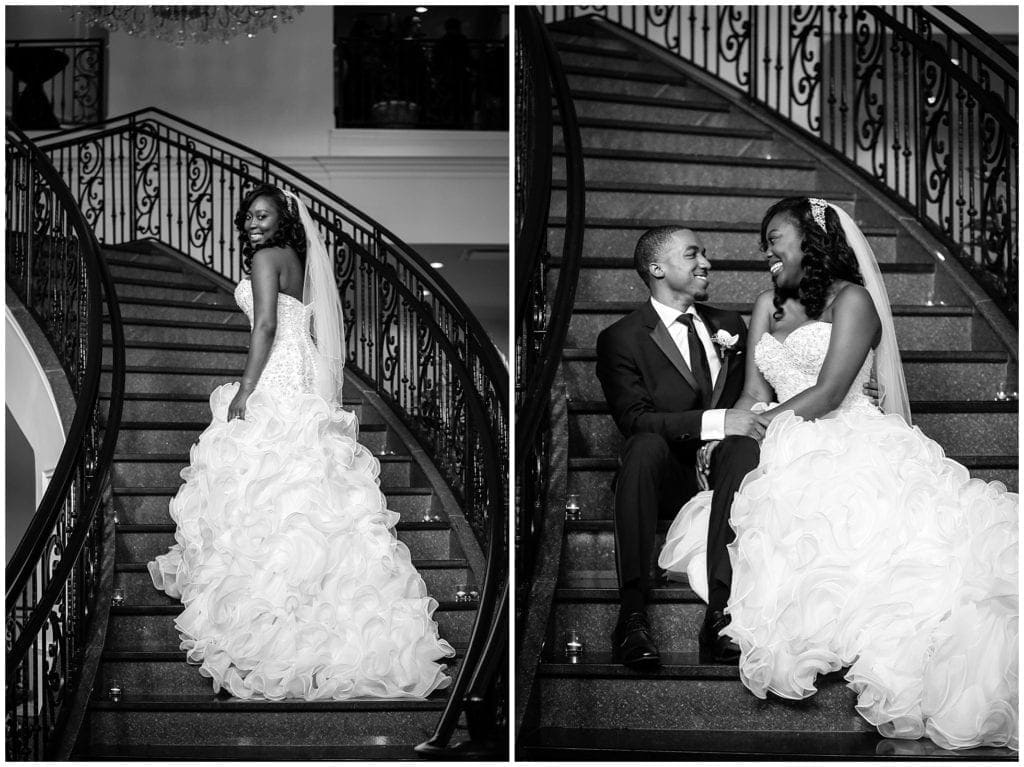 Photo of bride and groom at the staircase at Merion 