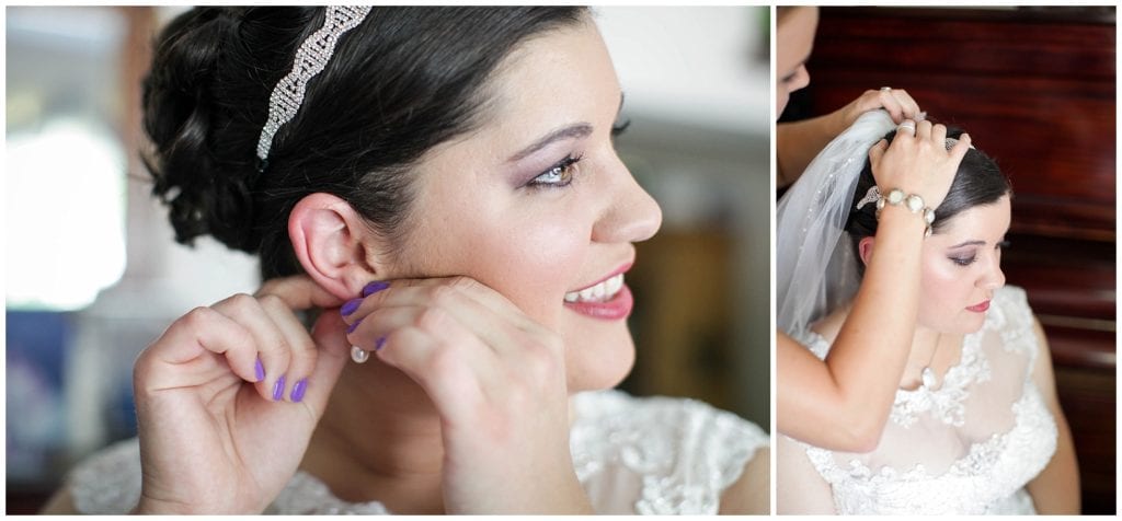 Bride wearing purple nail polish on wedding day 