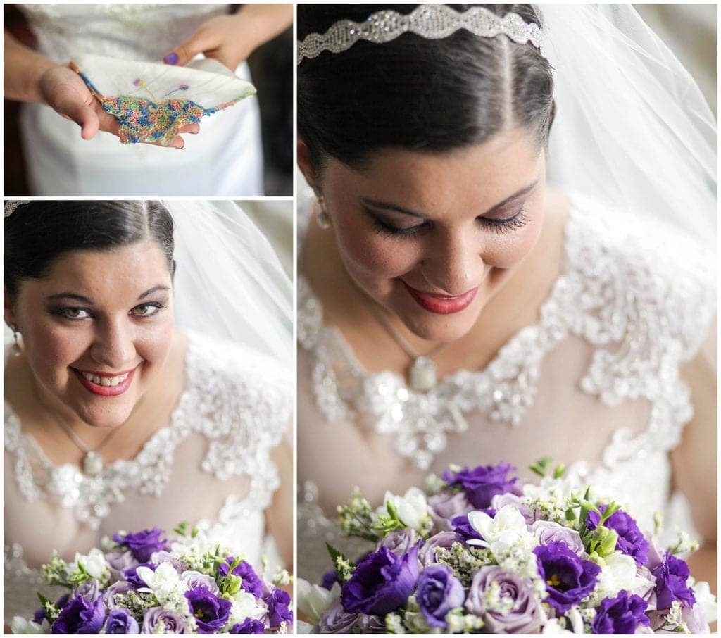 custom hankie for wedding day- purple and white wedding bouquet 