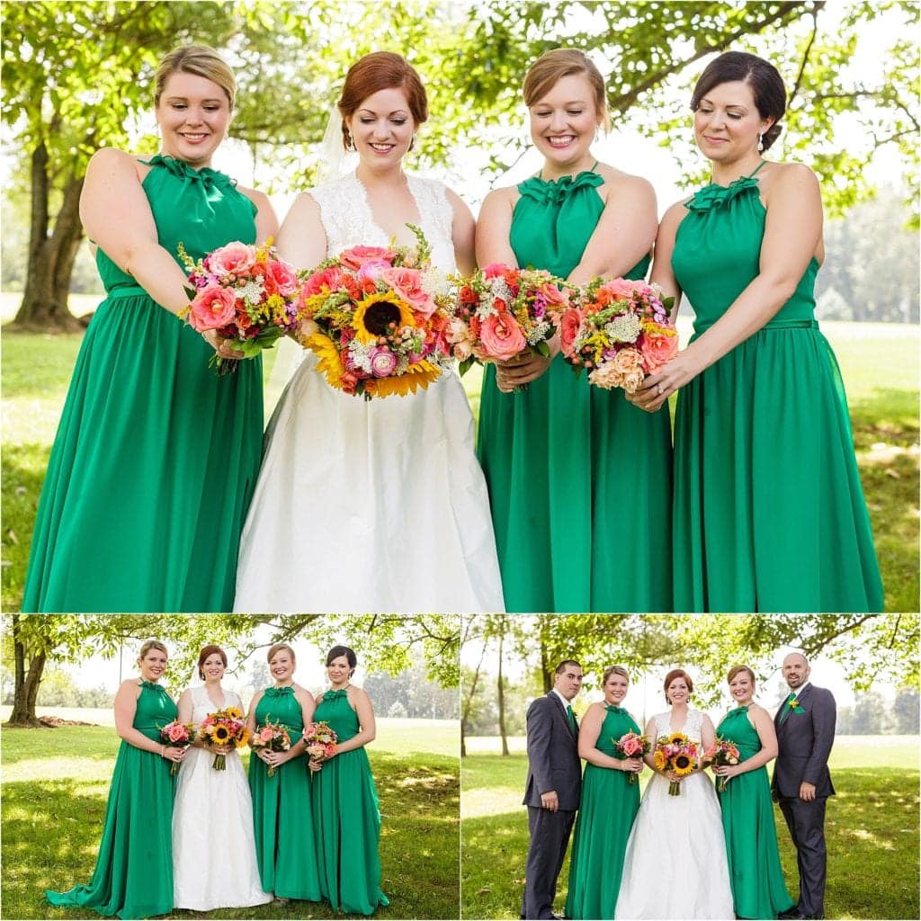 Emerald green bridesmaid dresses and unique wedding flowers