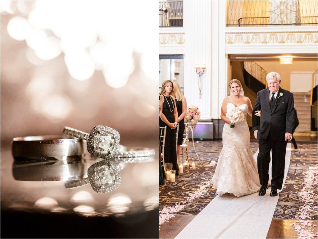 Bride walking down the isle during her indoor wedding ceremony at Ballroom at the ben