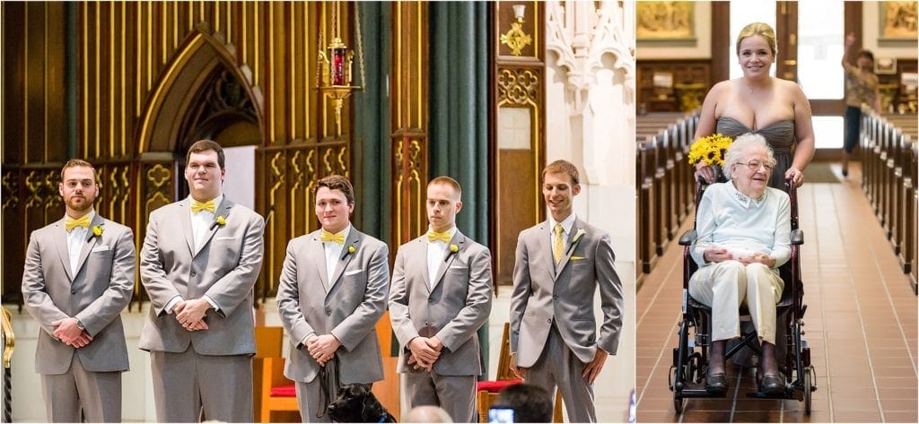 Philadelphia Wedding showcasing brides grandma being walked down the isle in a wheel chair. What a sweet moment during the ceremony. Love it