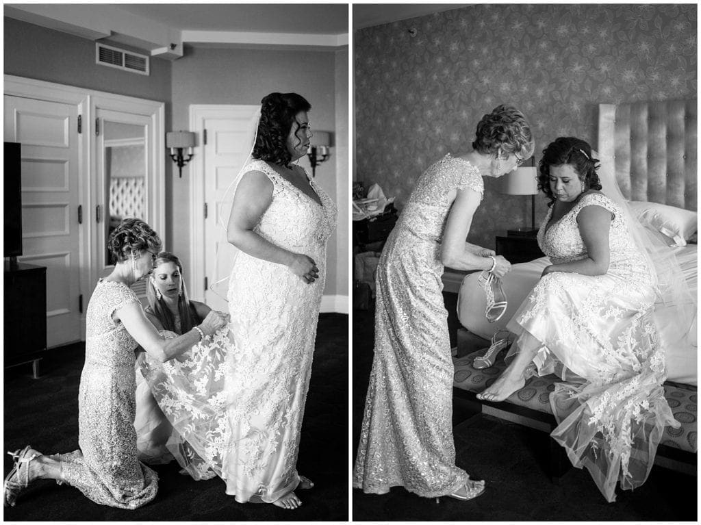 Black and white getting ready photos of bride 